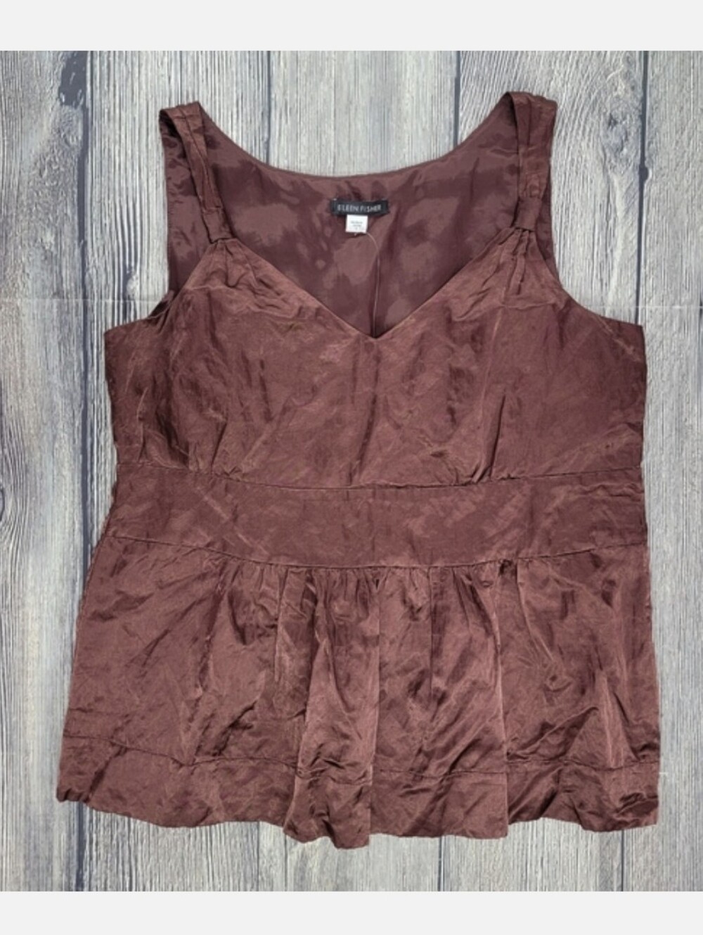 Eileen Fisher Satin Brown Sleeveless Tank Top Peplum Blouse
